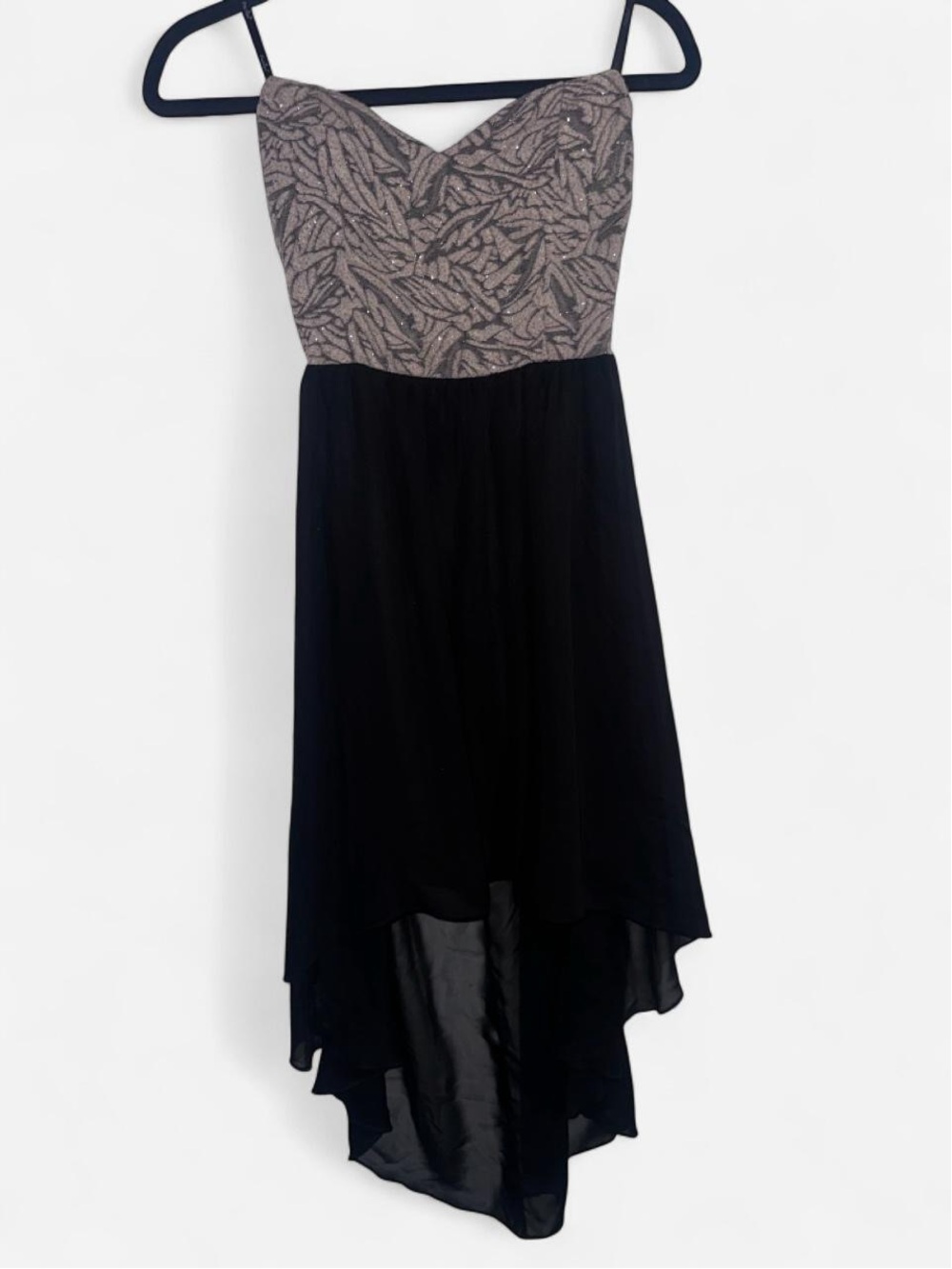 Papaya Strapless High-Low Dress in Black and Taupe